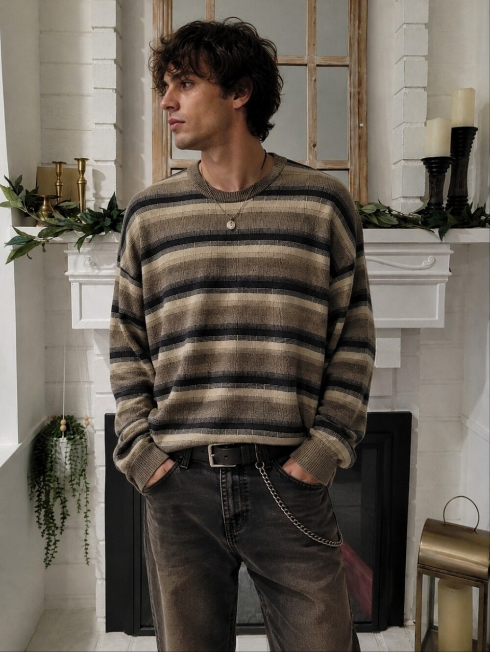 Vintage 90s Grunge cozy brown striped lightweight Crewneck Neutral Sweater Xl